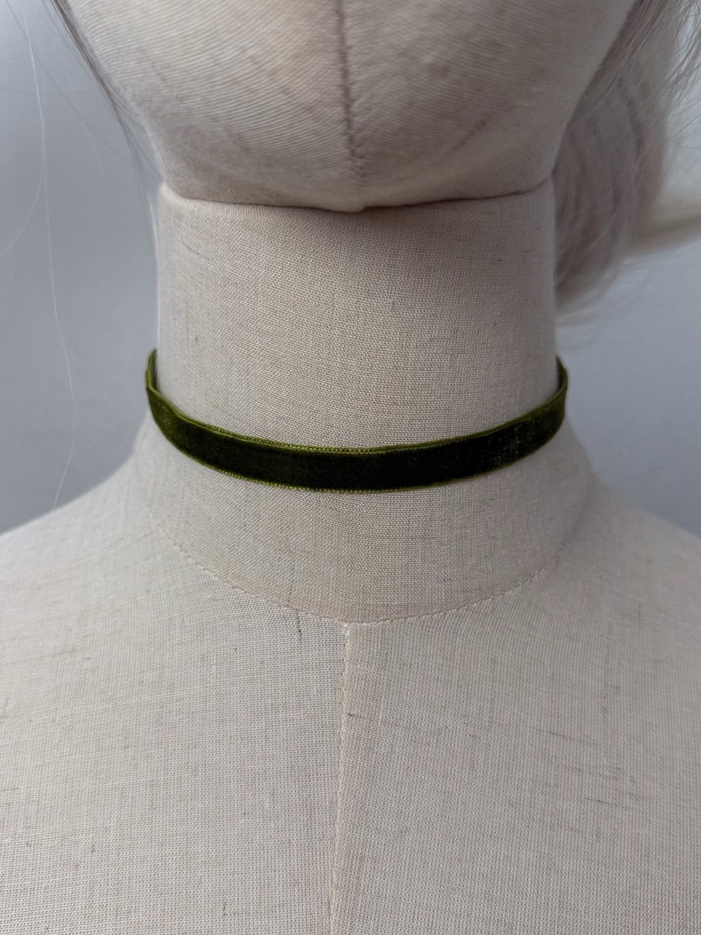 Olive Green Velvet Choker Necklace Gold Tone Cottagecore Boho Minimalist